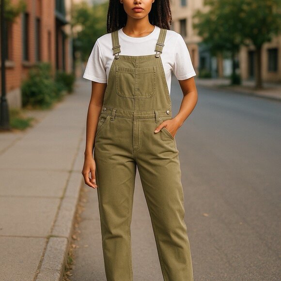 Overall Capri Raw edge Olive Green Suspender style back distressed L Olivaceous - Picture 2 of 10